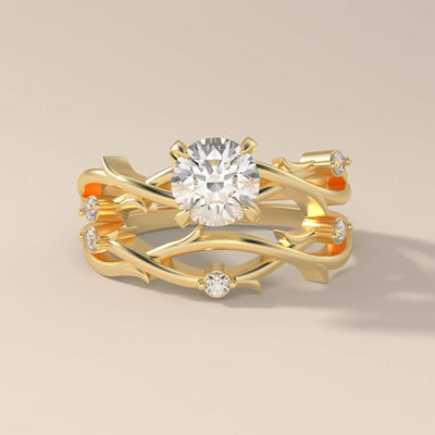 Nature Inspired Moissanite Bridal Set – 4 Prong Leaf Style Ring
