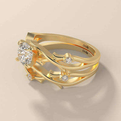 Unique Design Bridal Set Featuring 4 Prong Nature Inspired Ring
