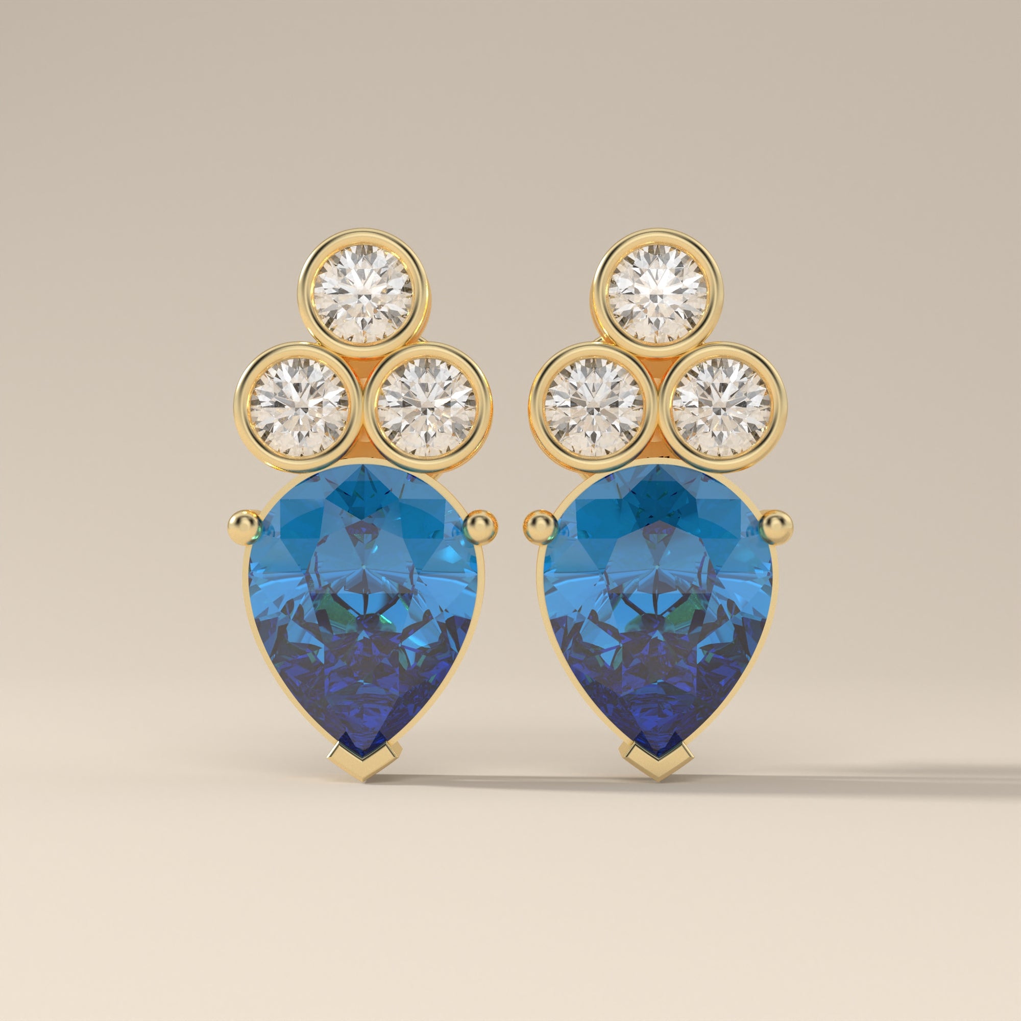 Teardrop Cut Blue Sapphire & Diamond Stud Earrings, 14K Gold Leaf Cluster Earrings