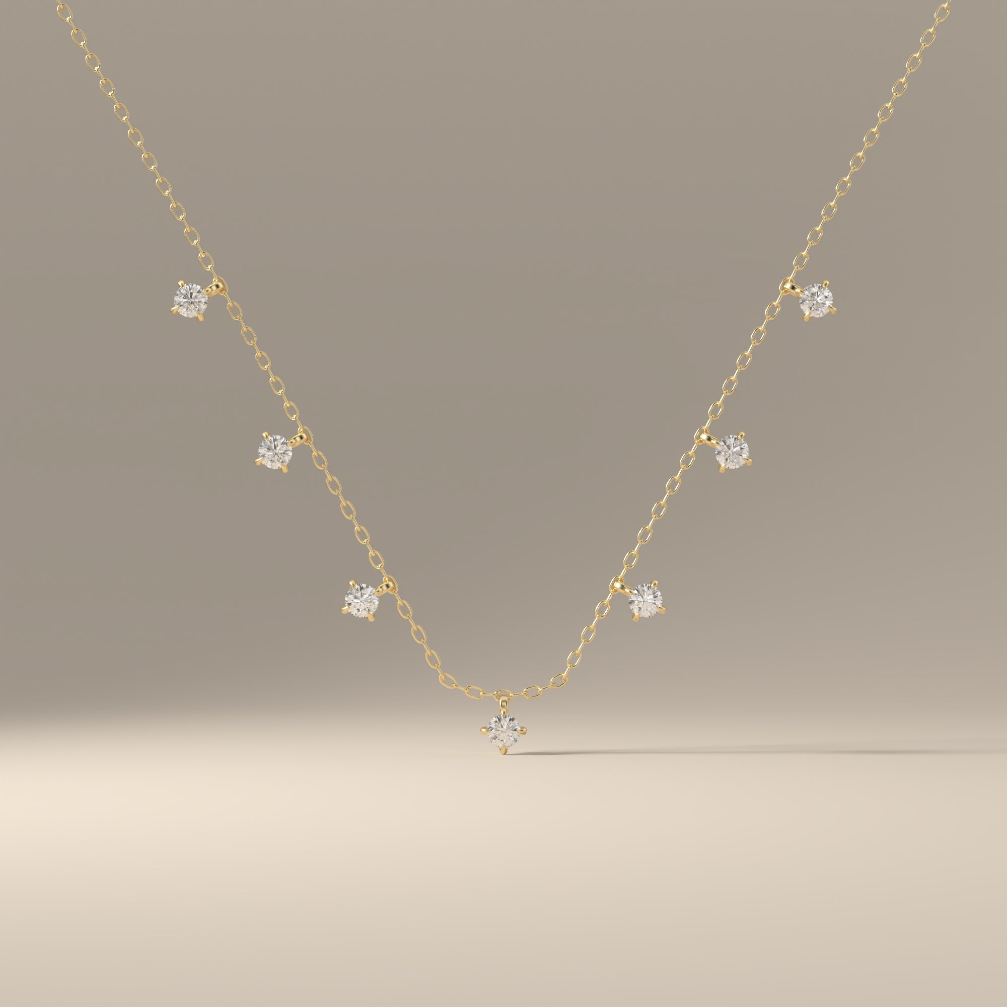 Floating Round Moissanite Station Necklace In Solid 14K Gold Dainty Minimalist Chain