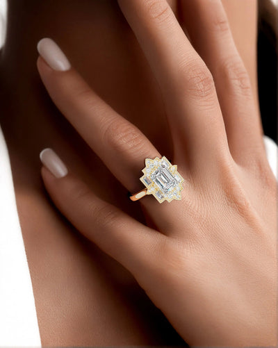 Luxury emerald diamond ring with halo setting