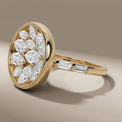 prong setting ring with side stones and cluster diamonds
