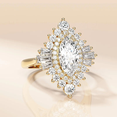 Marquise moissanite ring with double halo setting
