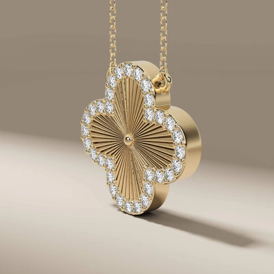 Yellow gold clover pendant with round diamond handmade style
