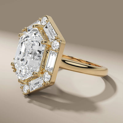 halo engagement ring crafted with unique hexagon outline
