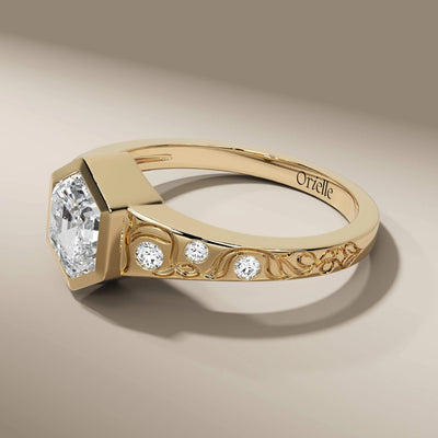 side round cut diamond ring with hexagon center stone
