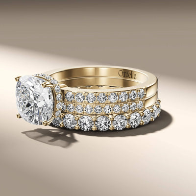 yellow gold bridal sets featuring cushion cut lab grown diamond

