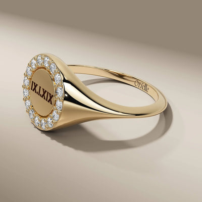 Yellow gold halo ring with round cut diamond and handmade design
