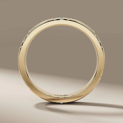 Yellow gold round wedding band with lab grown diamond accents
