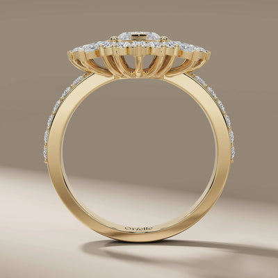 round diamond engagement ring with halo and side stones
