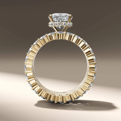 full eternity band matched with cushion cut diamond engagement
