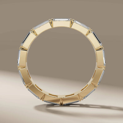 Unique design yellow gold wedding band with round bezel stones
