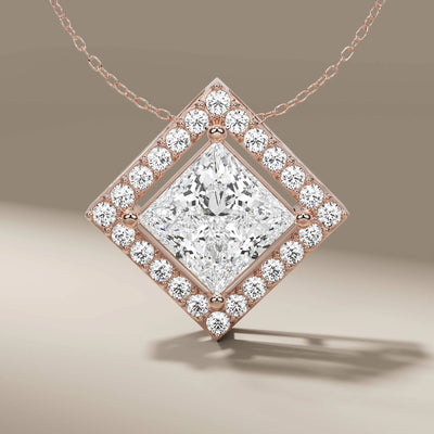 prong set princess diamond pendant with round accents
