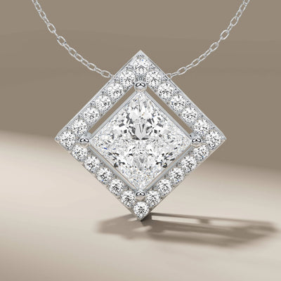 handmade princess cut diamond pendant in halo setting
