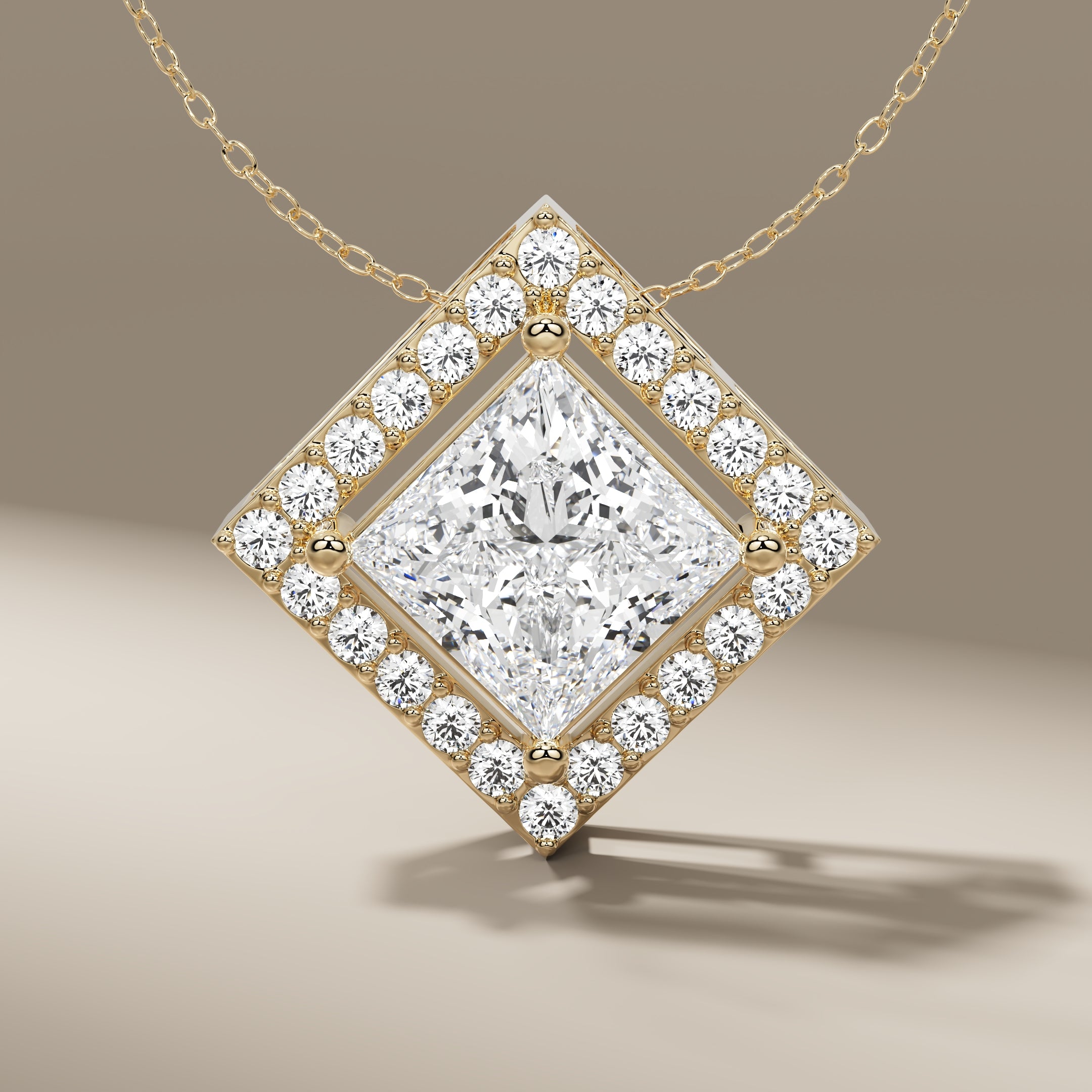 Elegant Princess Diamond Square Halo Solitaire Pendant Necklace In 14K Gold