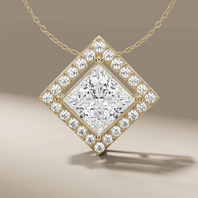 princess cut diamond pendant with square halo design
